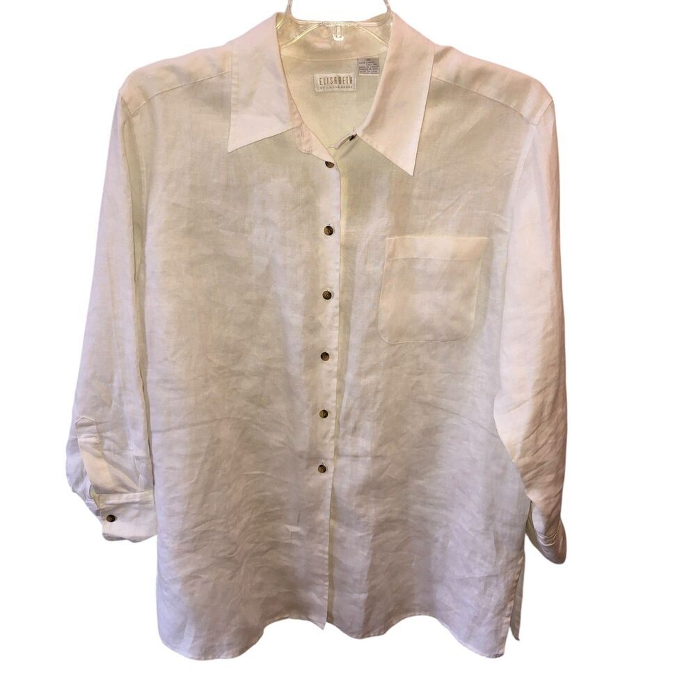 Elisabeth Liz Claiborne Womens 14 White Linen Long Sleeve Button Up Shirt Top